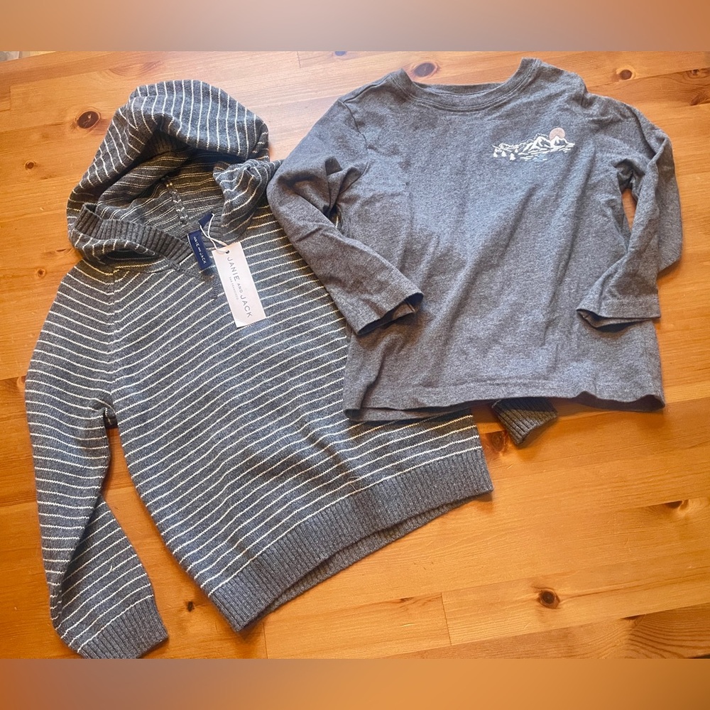 Janie and Jack Gray Striped Hooded Sweater NWT & Gray Cotton L/S Shirt Size 3
